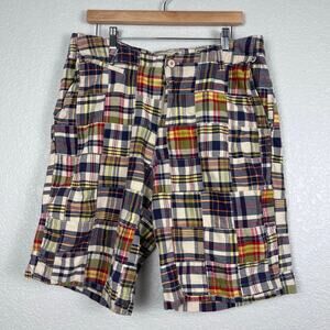 Y2K Mens 32 Multicolor Patchwork Madras Plaid 100% Cotton Shorts Boho Preppy